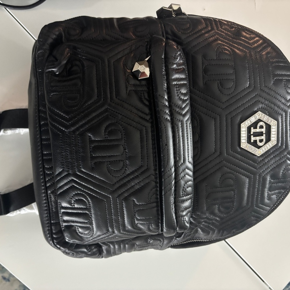 Philipp Plein Hexagonal Monogram Black Leather Backpack